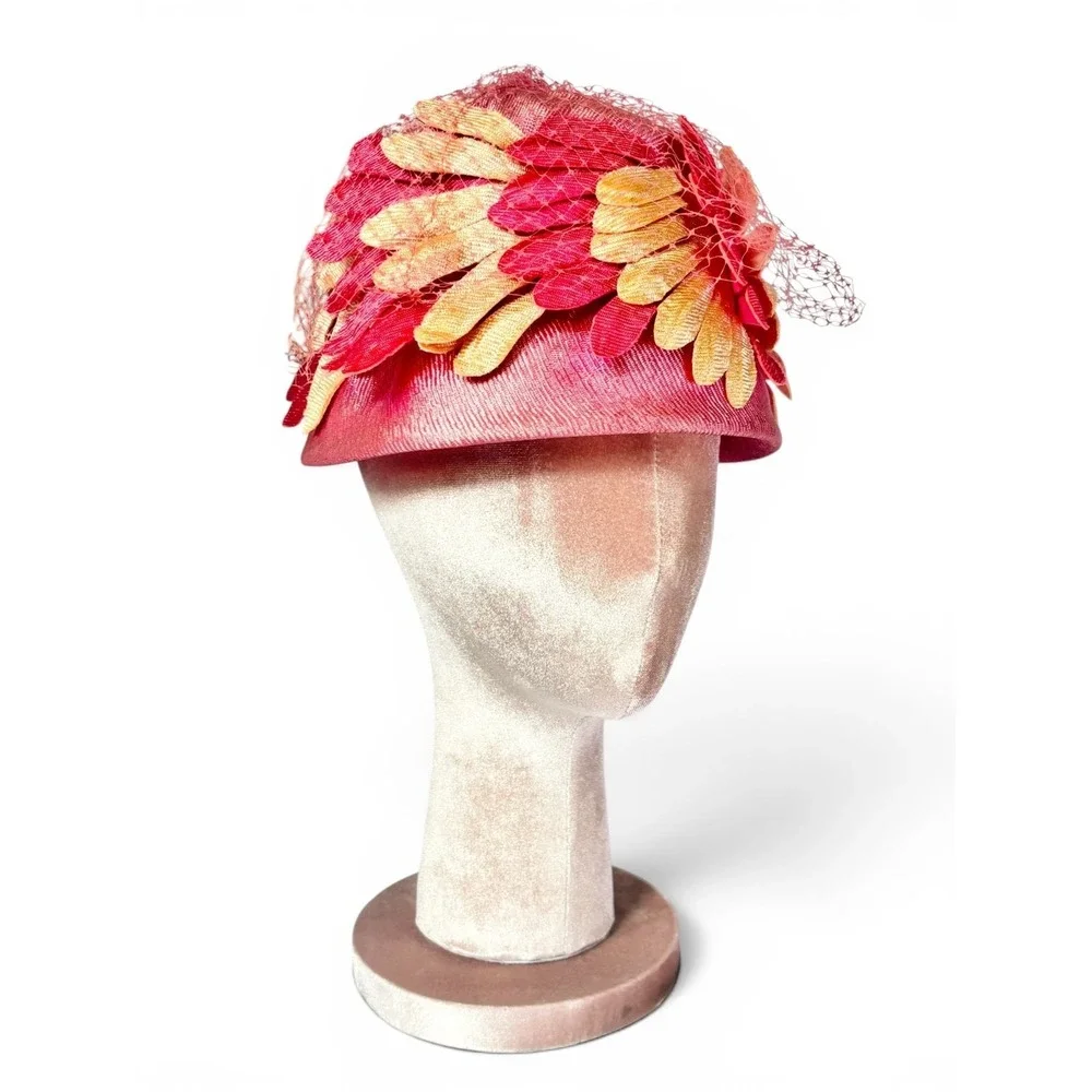 1960'S Vintage Pink and‎ Champagne Petal Cloche Stye Statement Hat with Netting